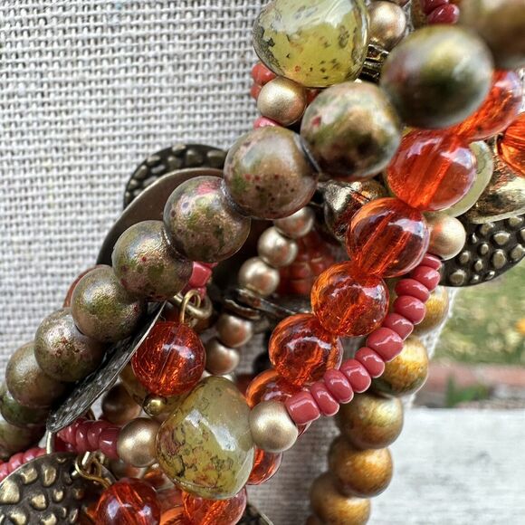 Vintage TRESKA Necklace Gold Tone Orange Amber Boho Multi-strand Charm Beaded - Picture 5 of 6